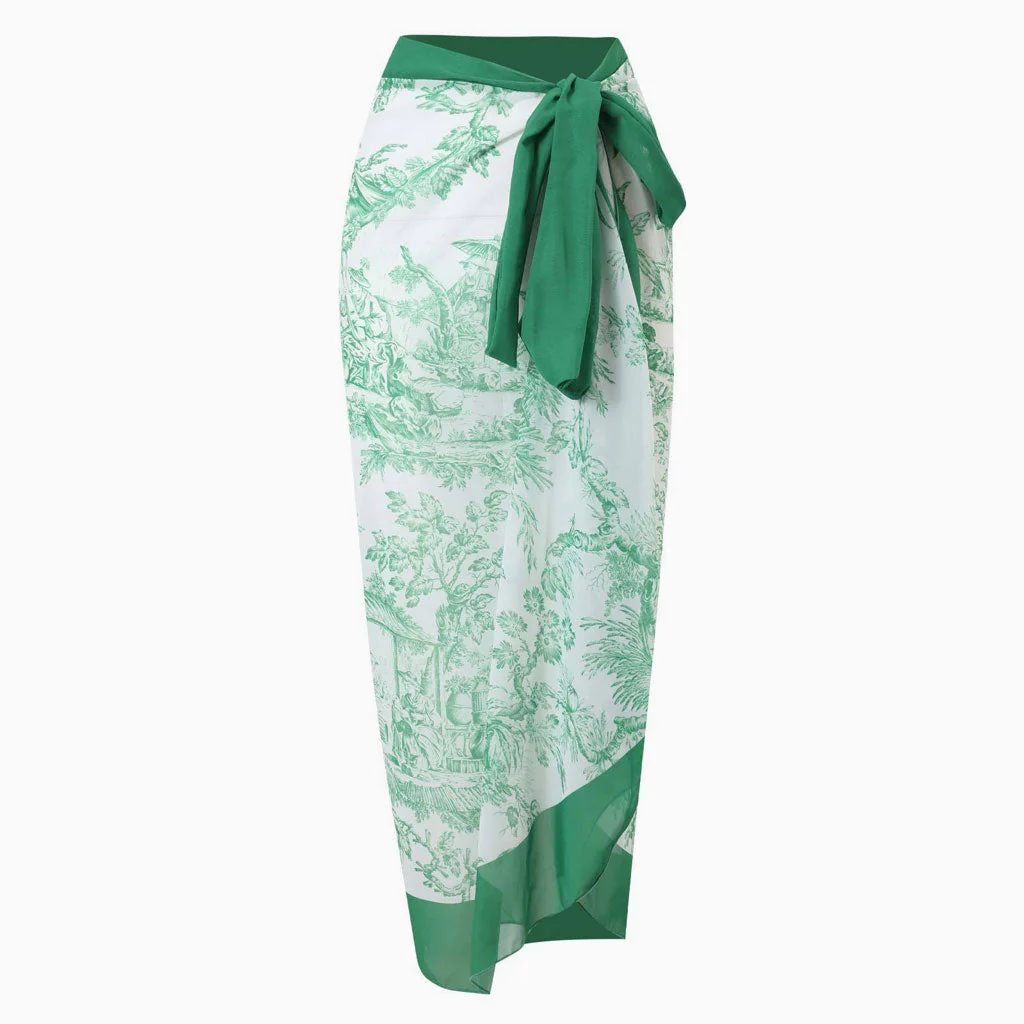Vintage Print High Waist Chiffon Bow Tie Side Maxi Wrap Sarong Cover Up - Image 2