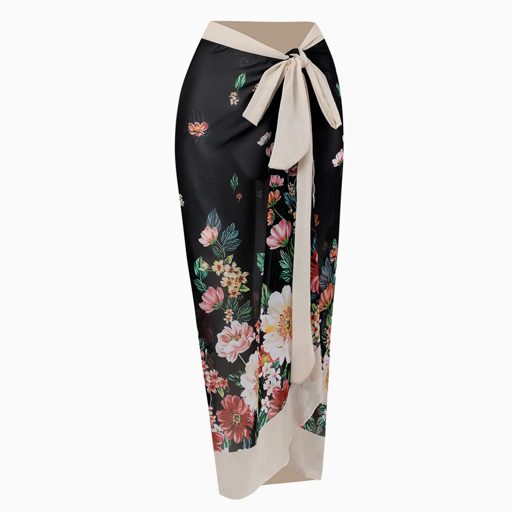Vintage Print High Waist Chiffon Bow Tie Side Split Maxi Wrap Sarong Cover Up - Image 2