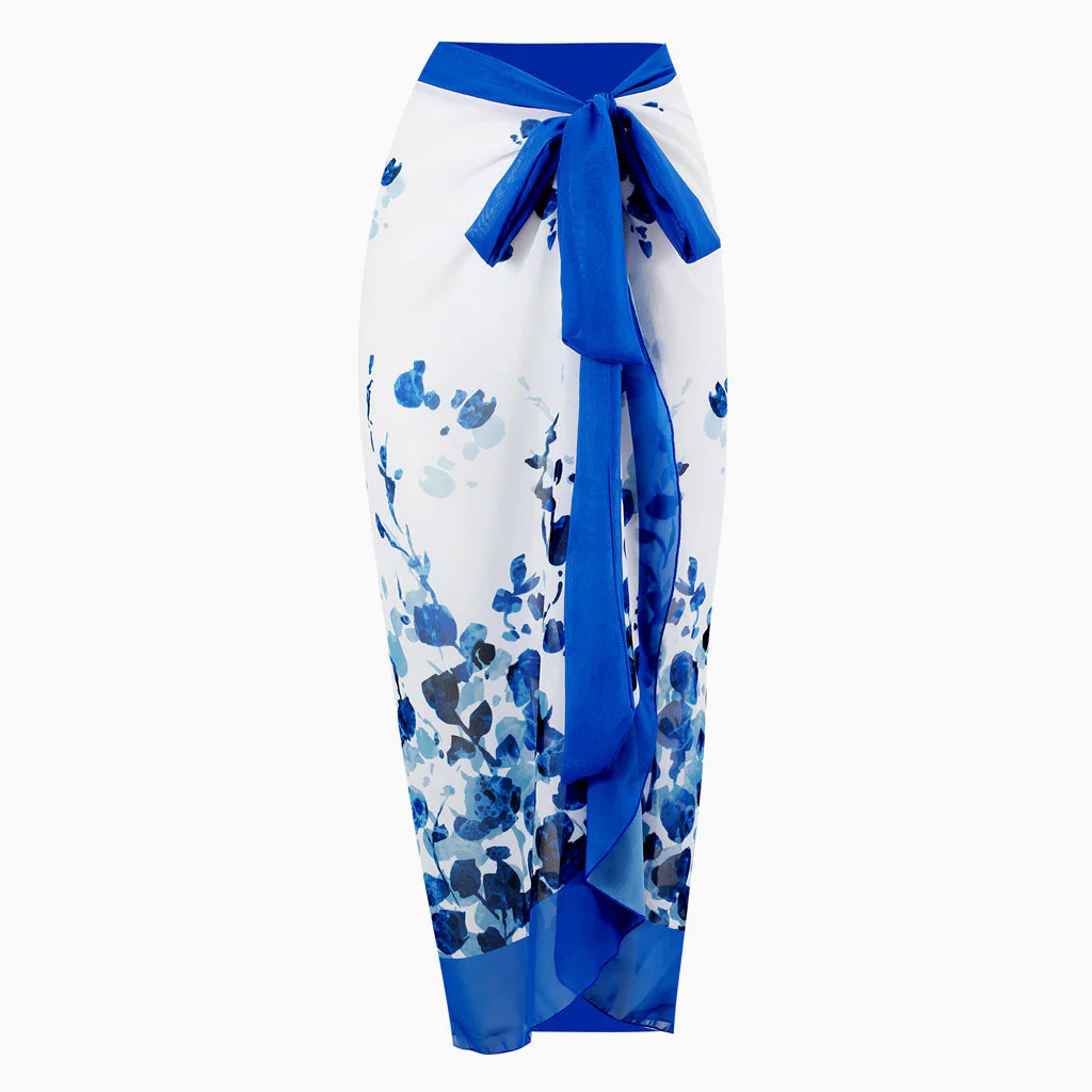 Vintage Print High Waist Chiffon Bow Tie Side Split Maxi Wrap Sarong Cover Up - Image 3