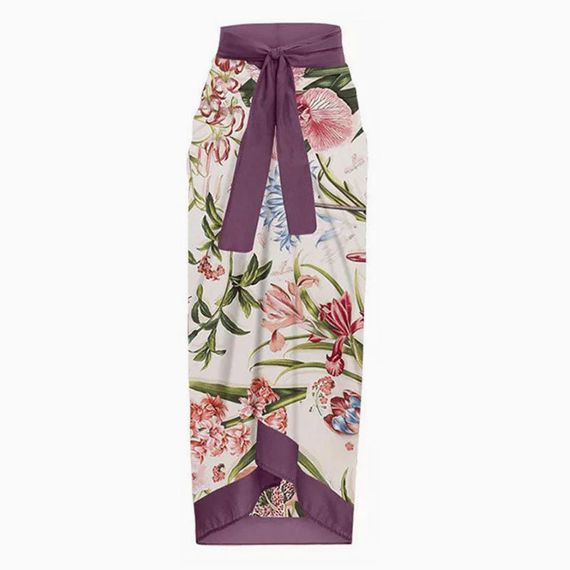 Vintage Print High Waist Chiffon Bow Tie Side Split Maxi Wrap Sarong Cover Up - Image 4