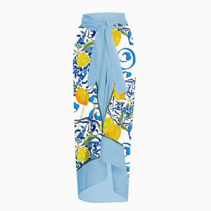Vintage Print High Waist Chiffon Bow Tie Side Split Maxi Wrap Sarong Cover Up - Image 6