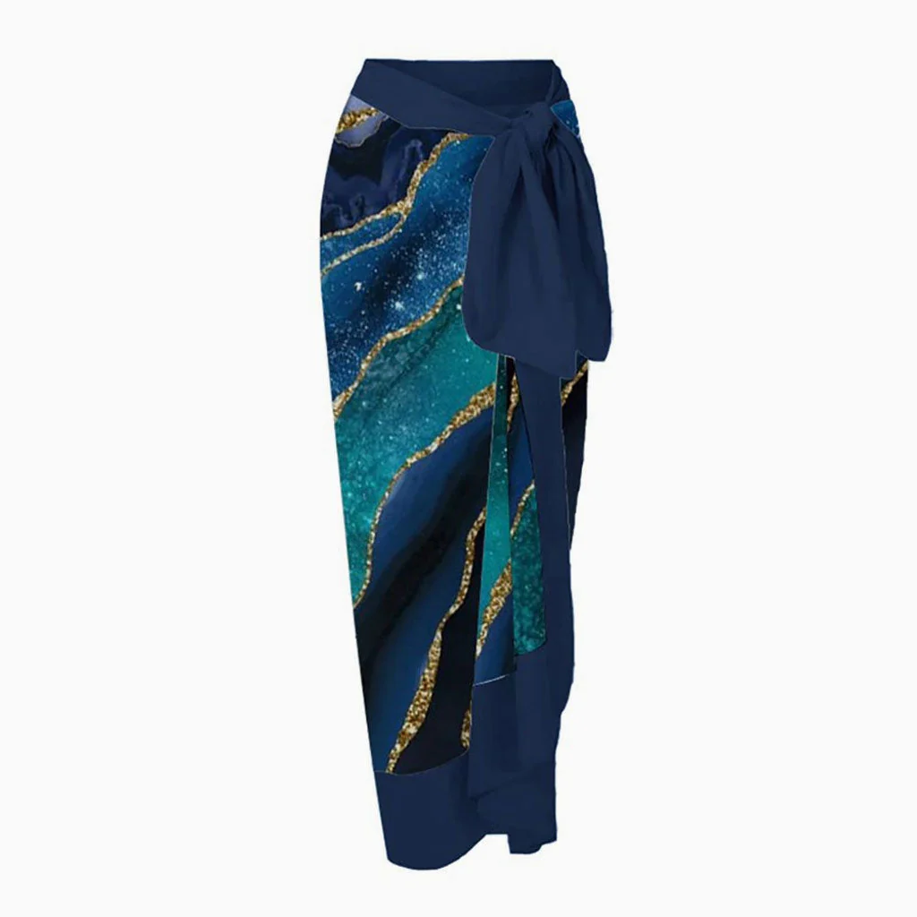 Vintage Print High Waist Chiffon Bow Tie Side Split Maxi Wrap Sarong Cover Up - Image 8