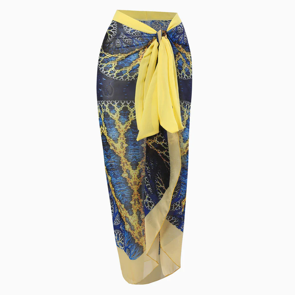 Vintage Print High Waist Chiffon Bow Tie Side Split Maxi Wrap Sarong Cover Up - Image 9