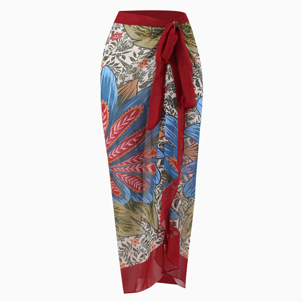 Vintage Printed High Waist Bow Tie Chiffon Maxi Wrap Sarong Cover Up - Image 12