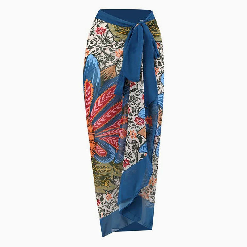 Vintage Printed High Waist Bow Tie Chiffon Maxi Wrap Sarong Cover Up - Image 5