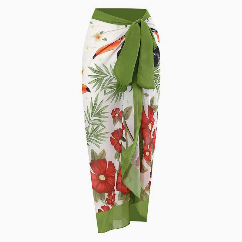 Vintage Printed High Waist Bow Tie Chiffon Maxi Wrap Sarong Cover Up - Image 6
