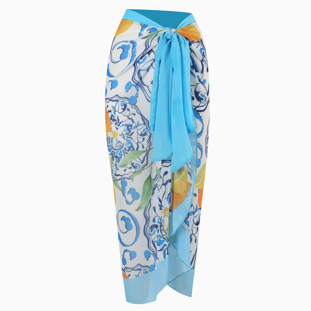Vintage Printed High Waist Bow Tie Chiffon Maxi Wrap Sarong Cover Up - Image 9