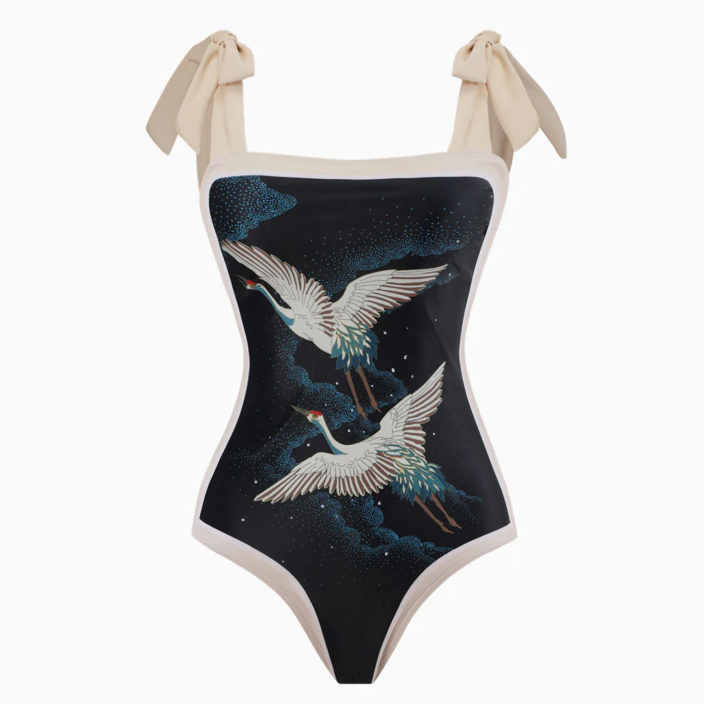 Vintage Printed Moderate Bow Tie Strap Square Neck One Piece Swimsuit