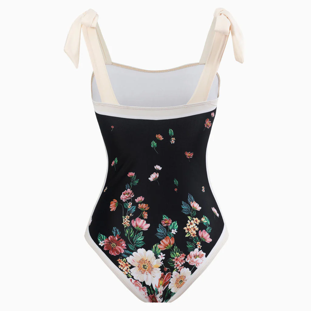 Vintage Printed Moderate Bow Tie Strap Square Neck One Piece Swimsuit - Image 10