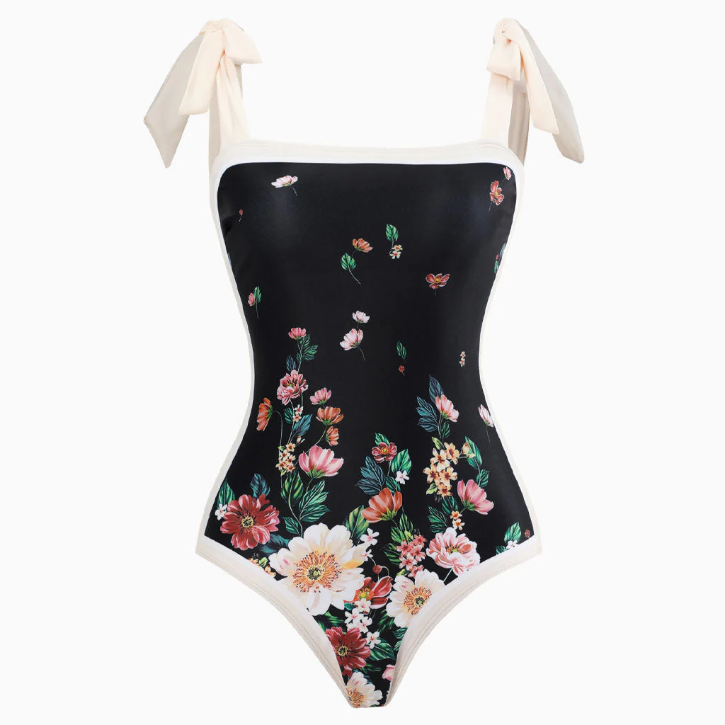Vintage Printed Moderate Bow Tie Strap Square Neck One Piece Swimsuit - Image 2