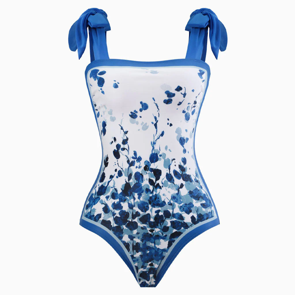 Vintage Printed Moderate Bow Tie Strap Square Neck One Piece Swimsuit - Image 3
