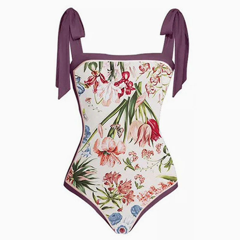 Vintage Printed Moderate Bow Tie Strap Square Neck One Piece Swimsuit - Image 4