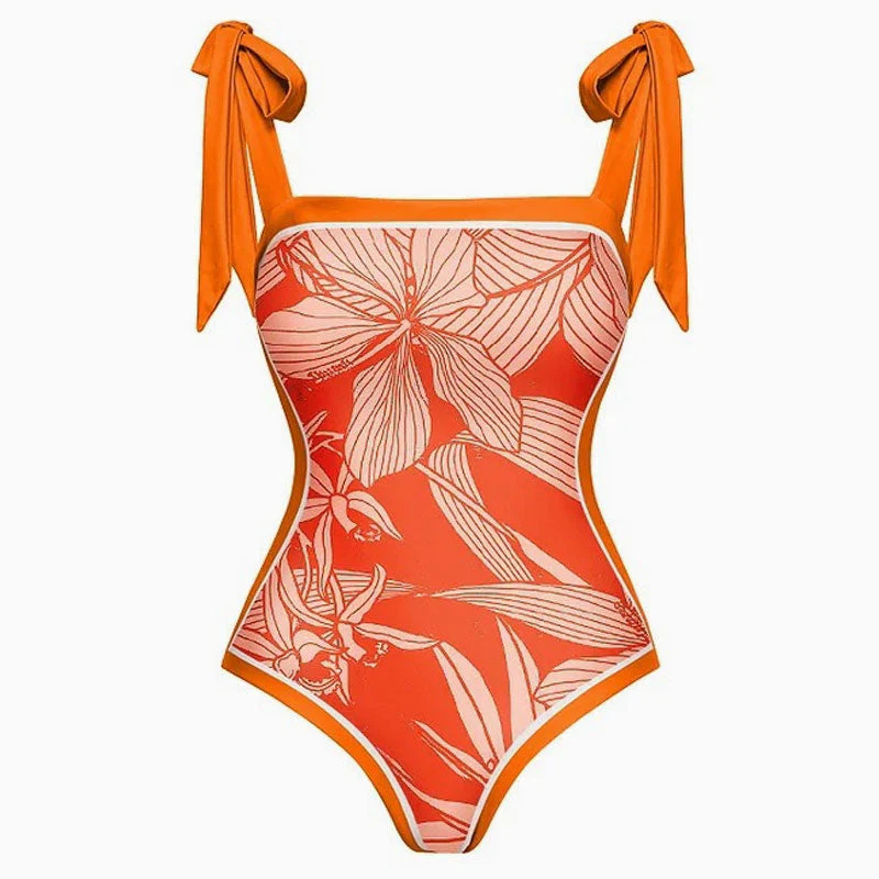Vintage Printed Moderate Bow Tie Strap Square Neck One Piece Swimsuit - Image 5