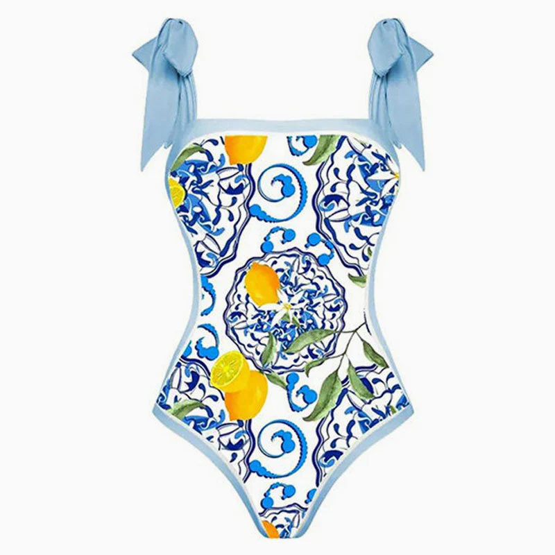 Vintage Printed Moderate Bow Tie Strap Square Neck One Piece Swimsuit - Image 6