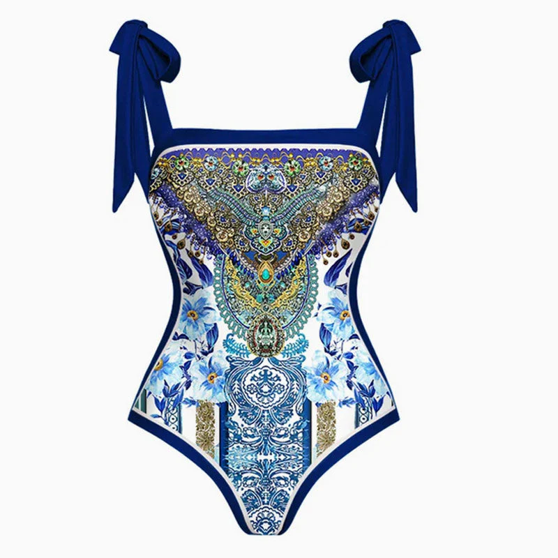 Vintage Printed Moderate Bow Tie Strap Square Neck One Piece Swimsuit - Image 7