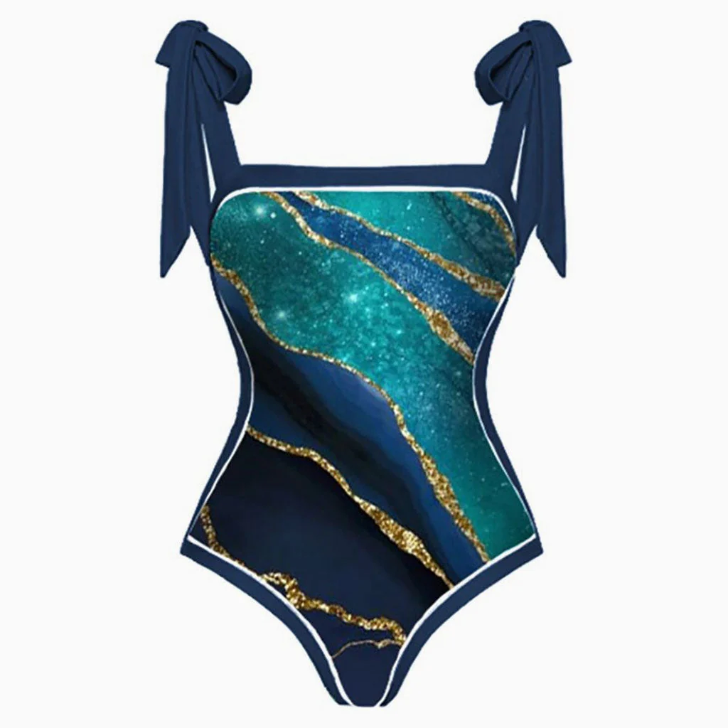 Vintage Printed Moderate Bow Tie Strap Square Neck One Piece Swimsuit - Image 8