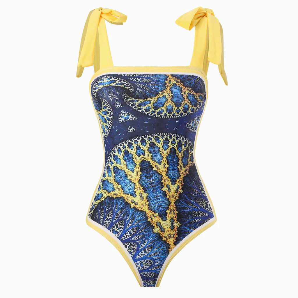 Vintage Printed Moderate Bow Tie Strap Square Neck One Piece Swimsuit - Image 9