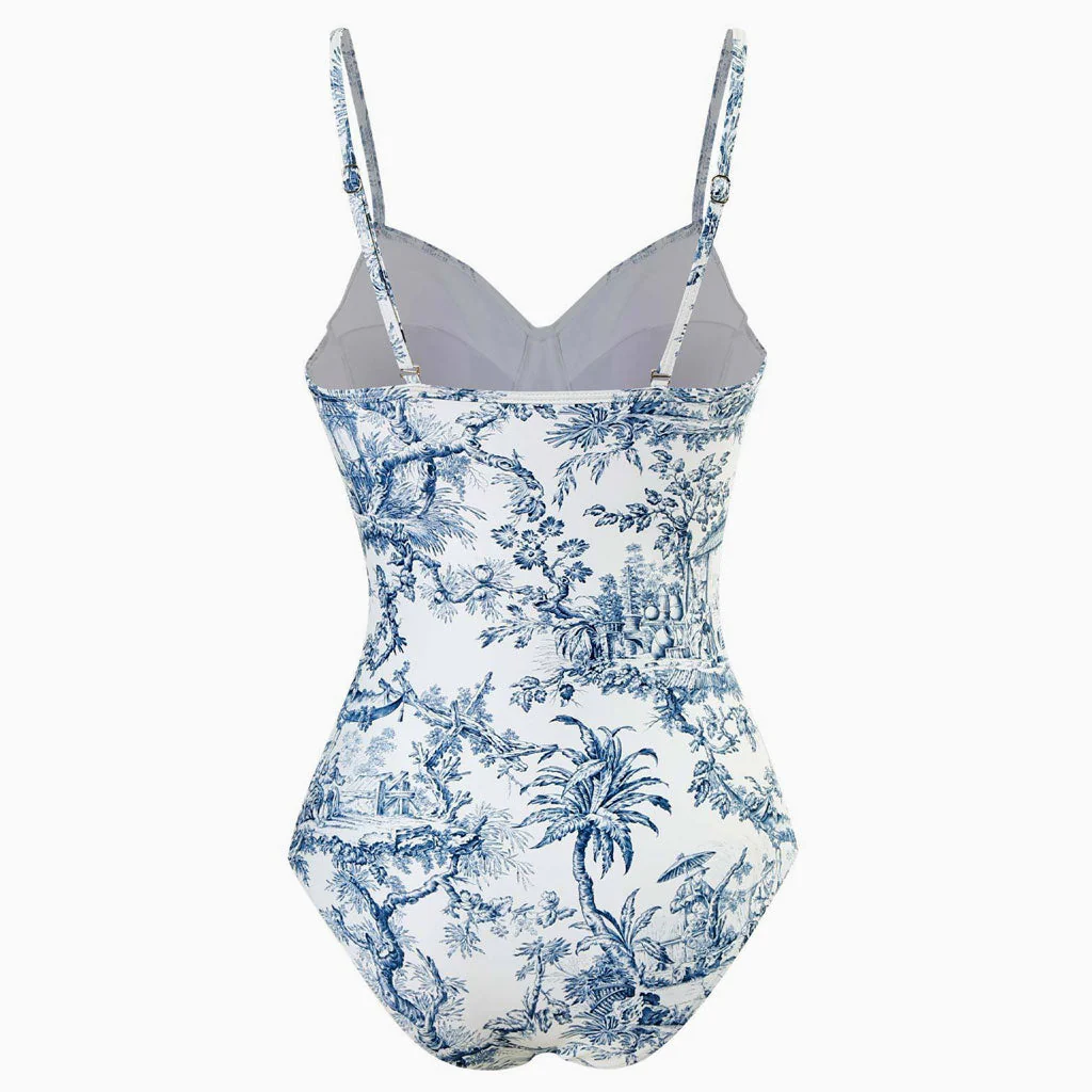 Vintage Printed Moderate Cami Sweetheart Underwire One Piece Swimsuit - Image 6