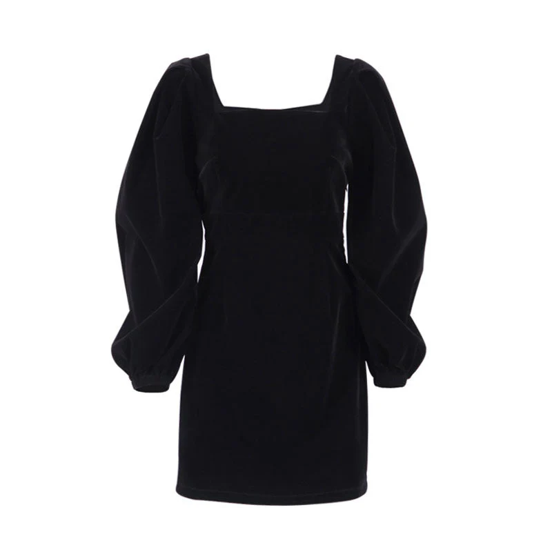 Vintage Puff Sleeve Square Neck Velvet Party Mini Dress - Black - Image 3