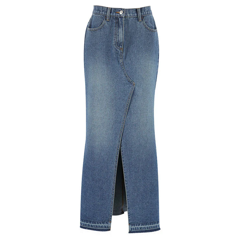 Vintage Raw Hem Split Front High Waist A Line Maxi Denim Skirt - Image 6