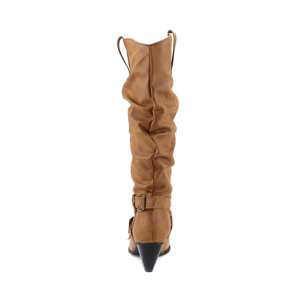 Vintage Round Toe Knee High Sculpted Heel Cowboy Boots - Light Brown - Image 3