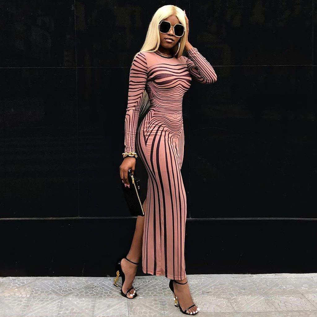 Vintage Stripe Long Sleeve Back Slit Mesh Bodycon Maxi Dress - Coffee - Image 2