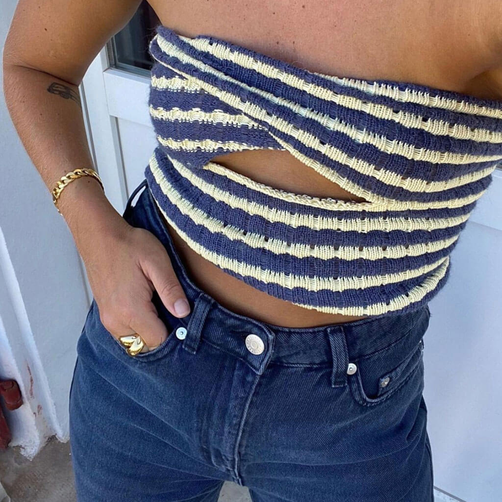 Vintage Striped Strapless Twist Front Cut Out Crop Knit Top - Blue - Image 2