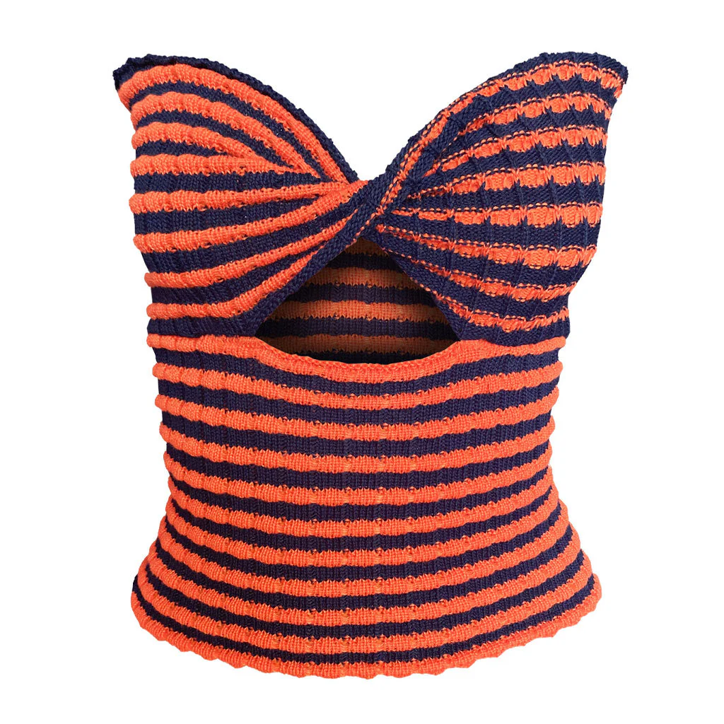 Vintage Striped Strapless Twist Front Cut Out Crop Knit Top - Orange - Image 4
