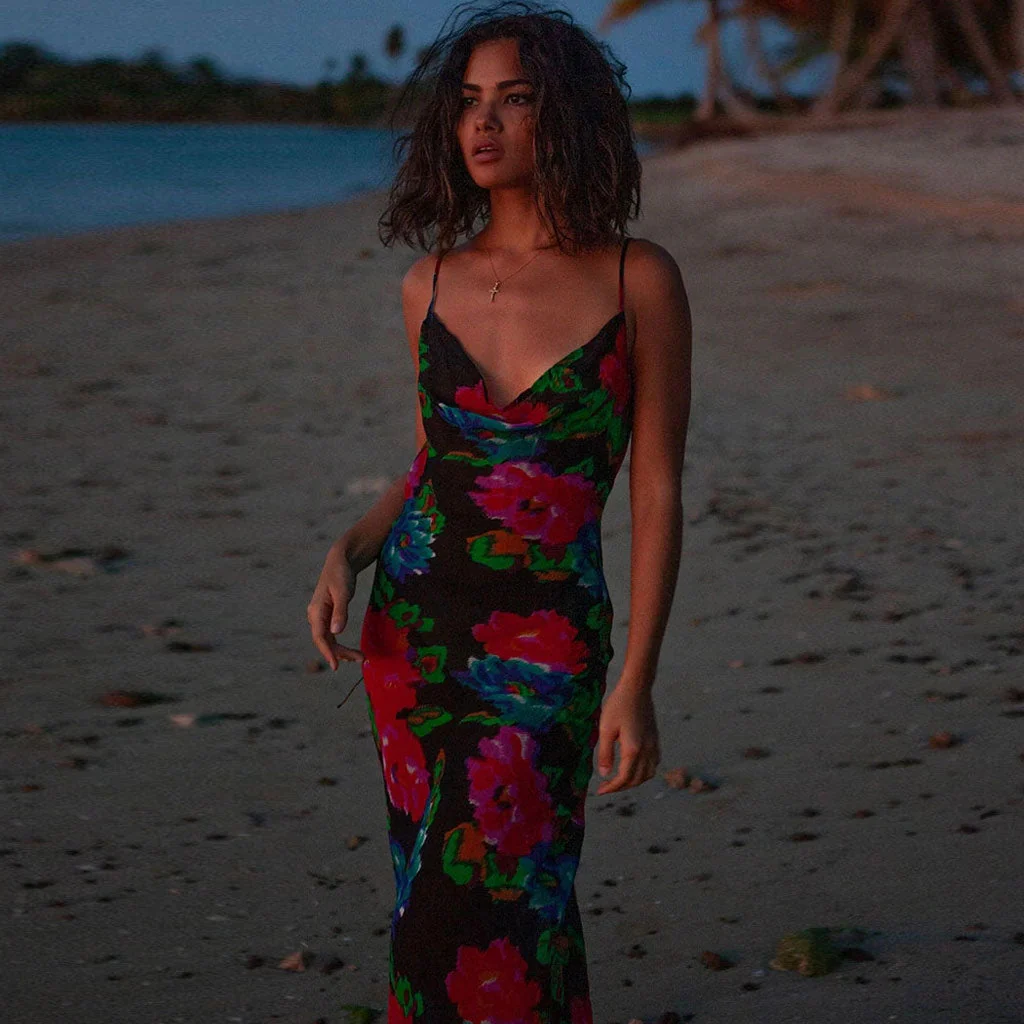 Vintage Style Floral Printed Cowl Neck Slip Maxi Dress - Black - Image 3