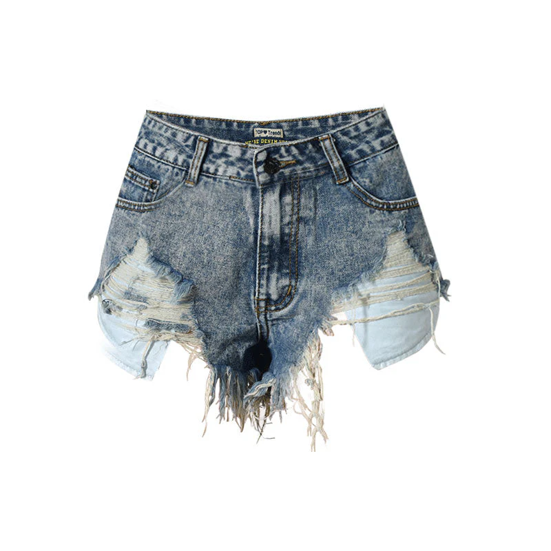 Vintage Style High Waist Bleach Distressed Denim Shorts - Blue - Image 4
