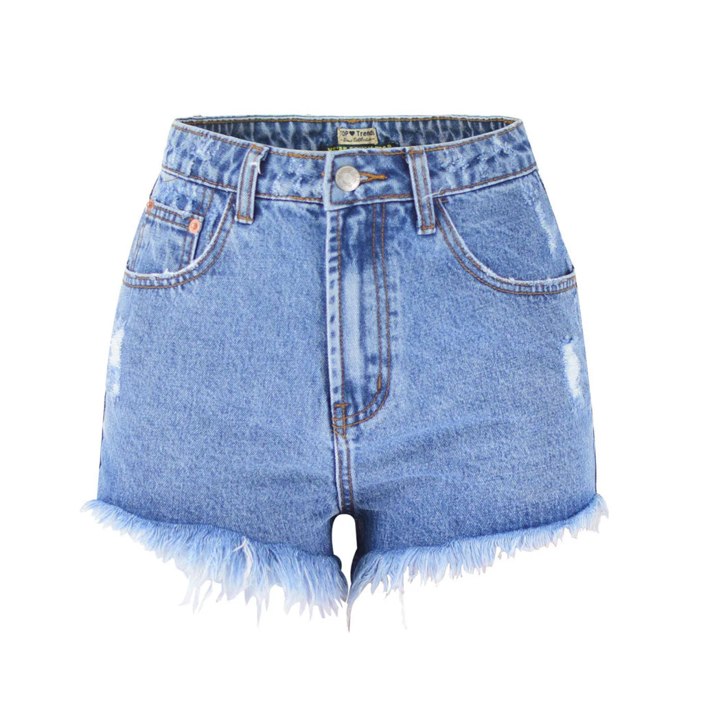 Vintage Style High Waist Faded Frayed Denim Shorts - Blue - Image 3