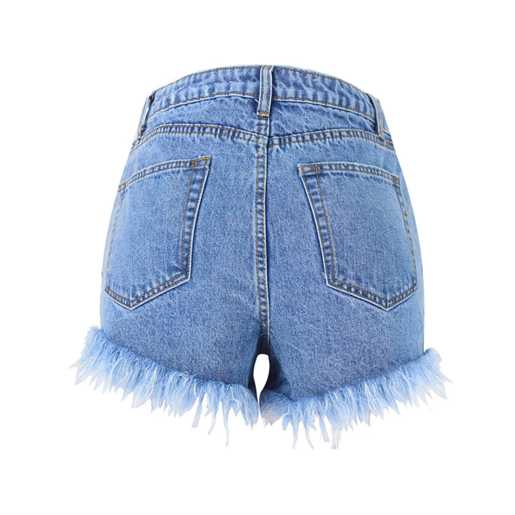 Vintage Style High Waist Faded Frayed Denim Shorts - Blue - Image 4