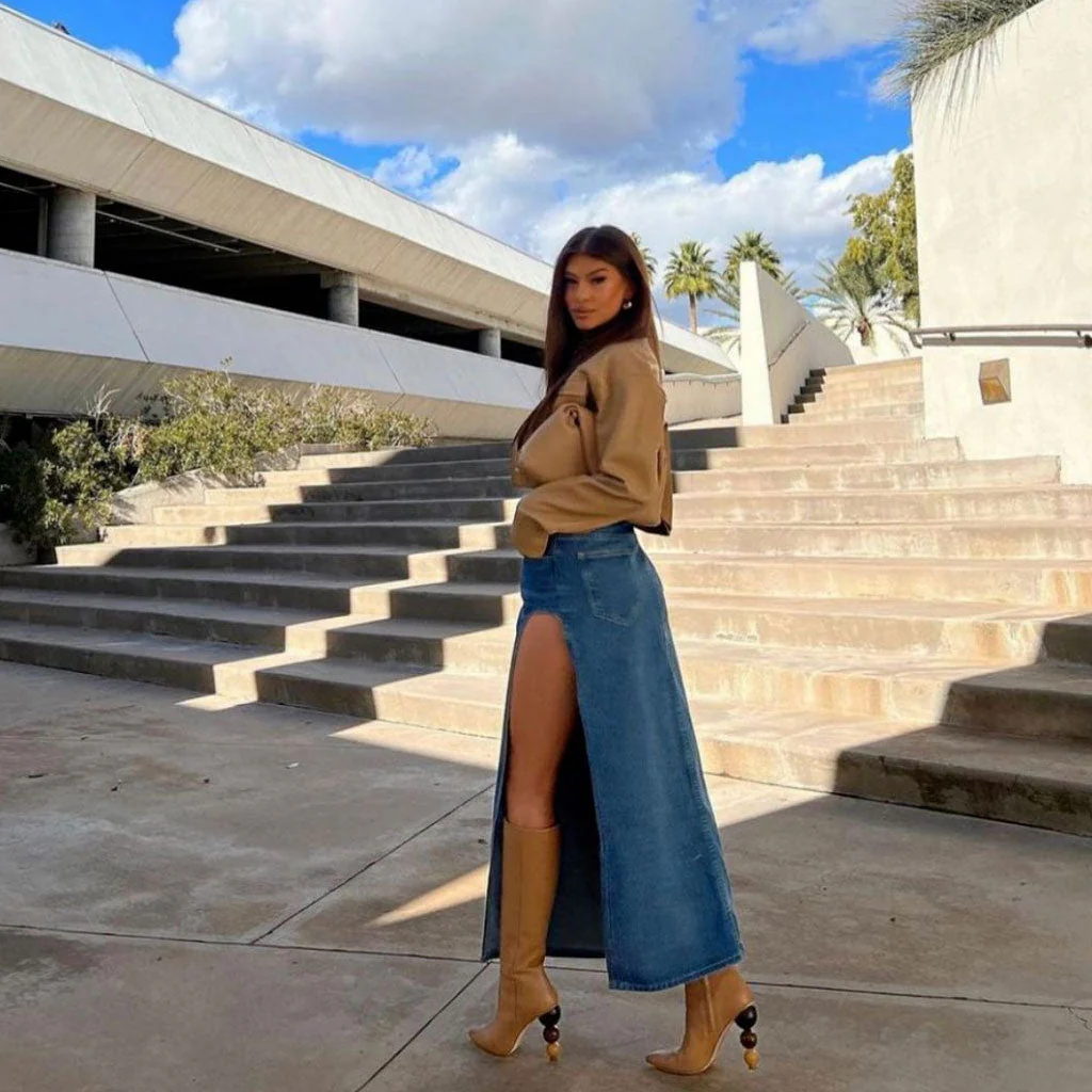 Vintage Style High Waist Jean Blue Thigh Side Split Midi Denim Skirt - Image 3
