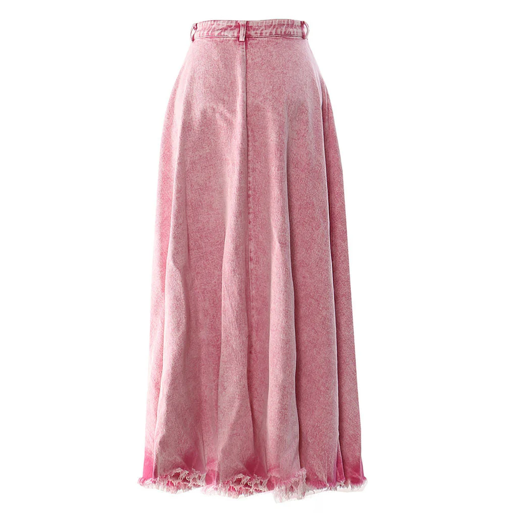 Vintage Style High Waist Raw Hem Frilled Faded Acid Wash Maxi Denim Skirt - Image 2