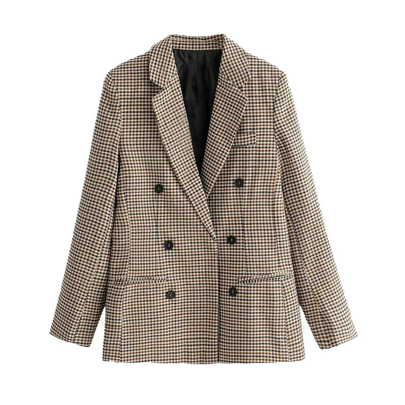 Vintage Style Hoodstooth Printed Double Breasted Blazer - Dark Khaki - Image 3