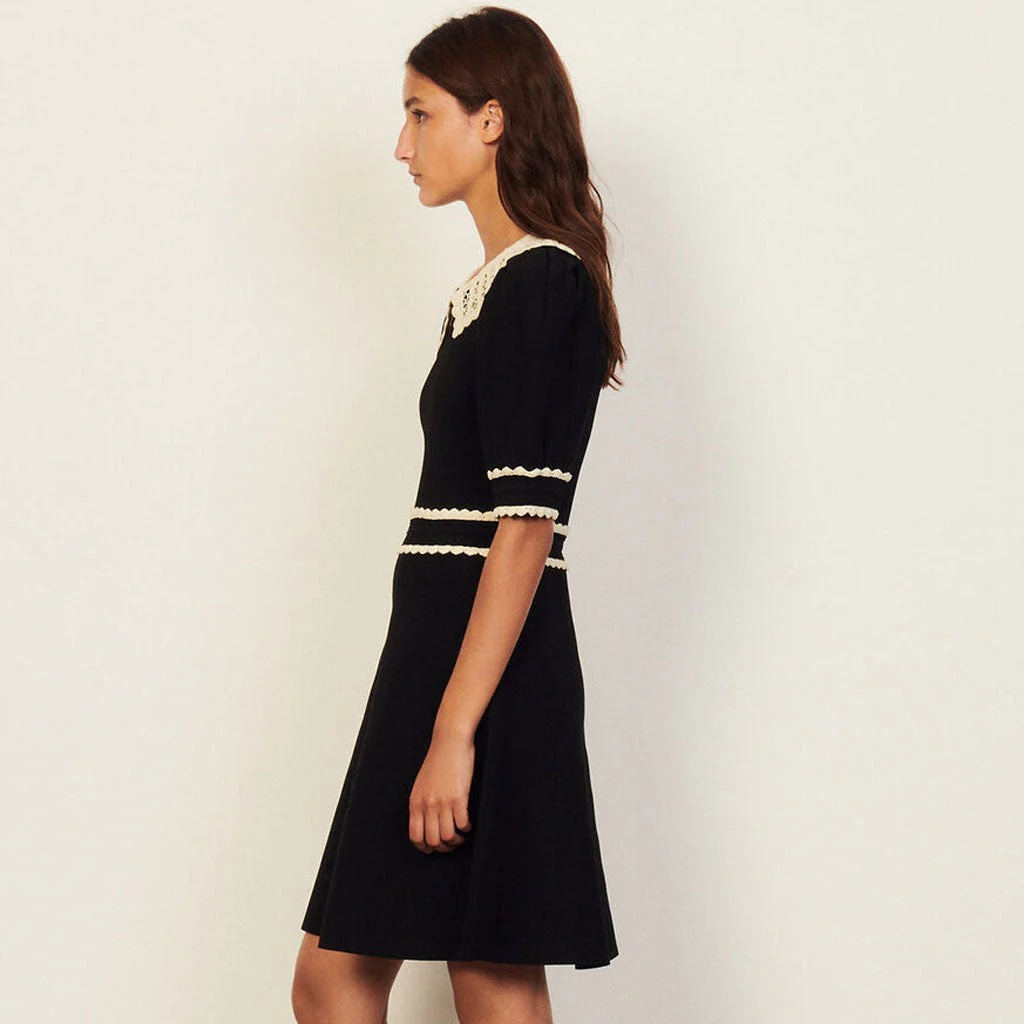 Vintage Style Lace Collar Puff Sleeve Skater Knit Mini Dress - Black - Image 2