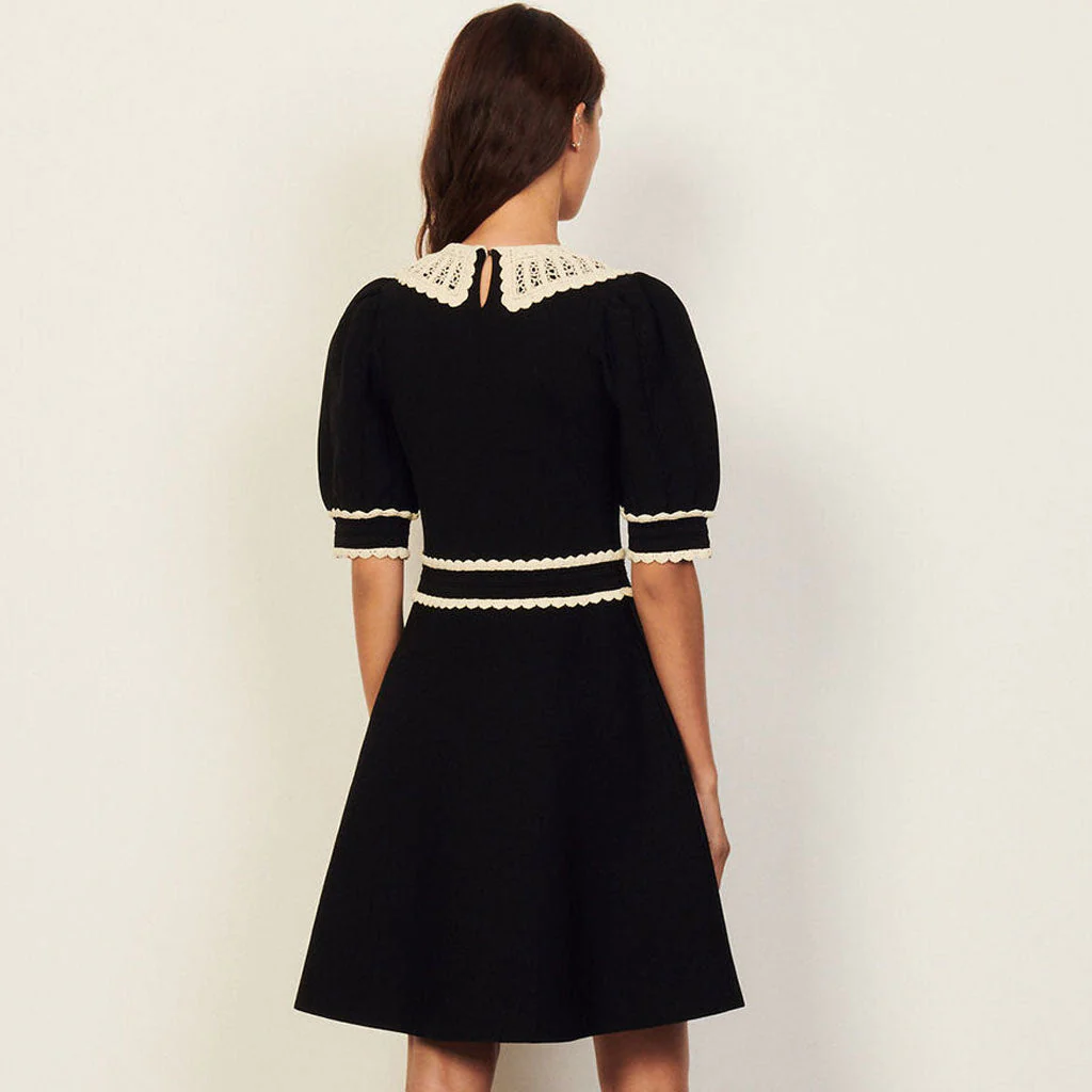 Vintage Style Lace Collar Puff Sleeve Skater Knit Mini Dress - Black - Image 3