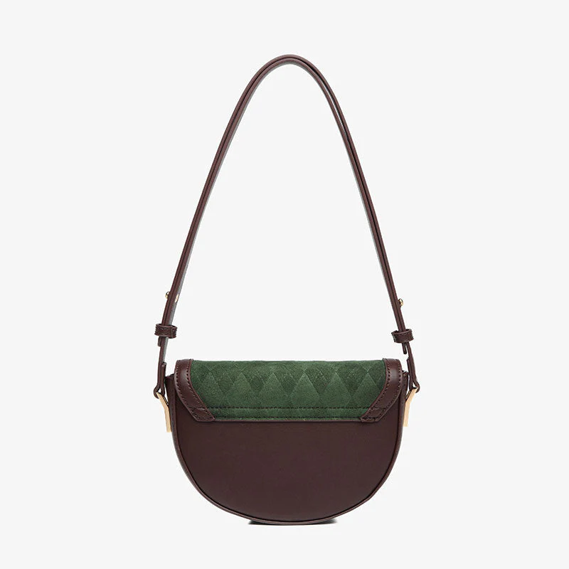 Vintage Suede Argyle Pattern Faux Leather Crossbody Saddle Bag - Green - Image 2