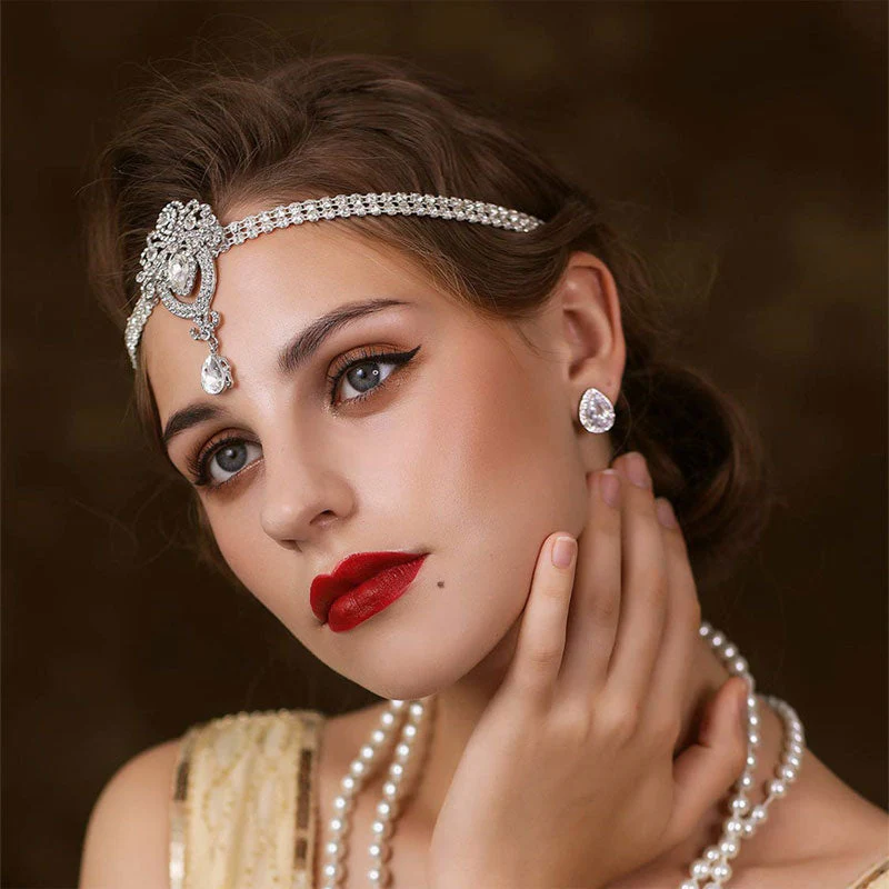 Vintage Teardrop Gem Rhinestone Embellished 1920s Flapper Headband - Silver - Image 3