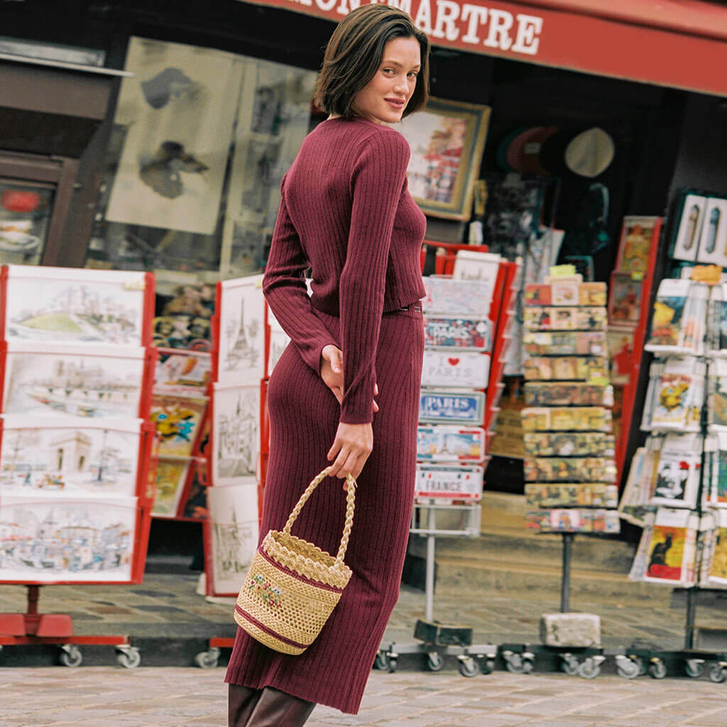 Vintage Tie Front High Waist Long Sleeve Rib Knit Matching Set - Burgundy - Image 3