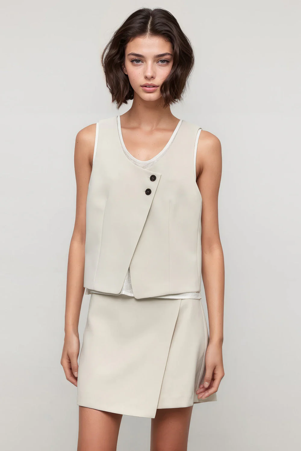 Waistcoat Top with Asymmetrical Fastening - Beige - Image 2