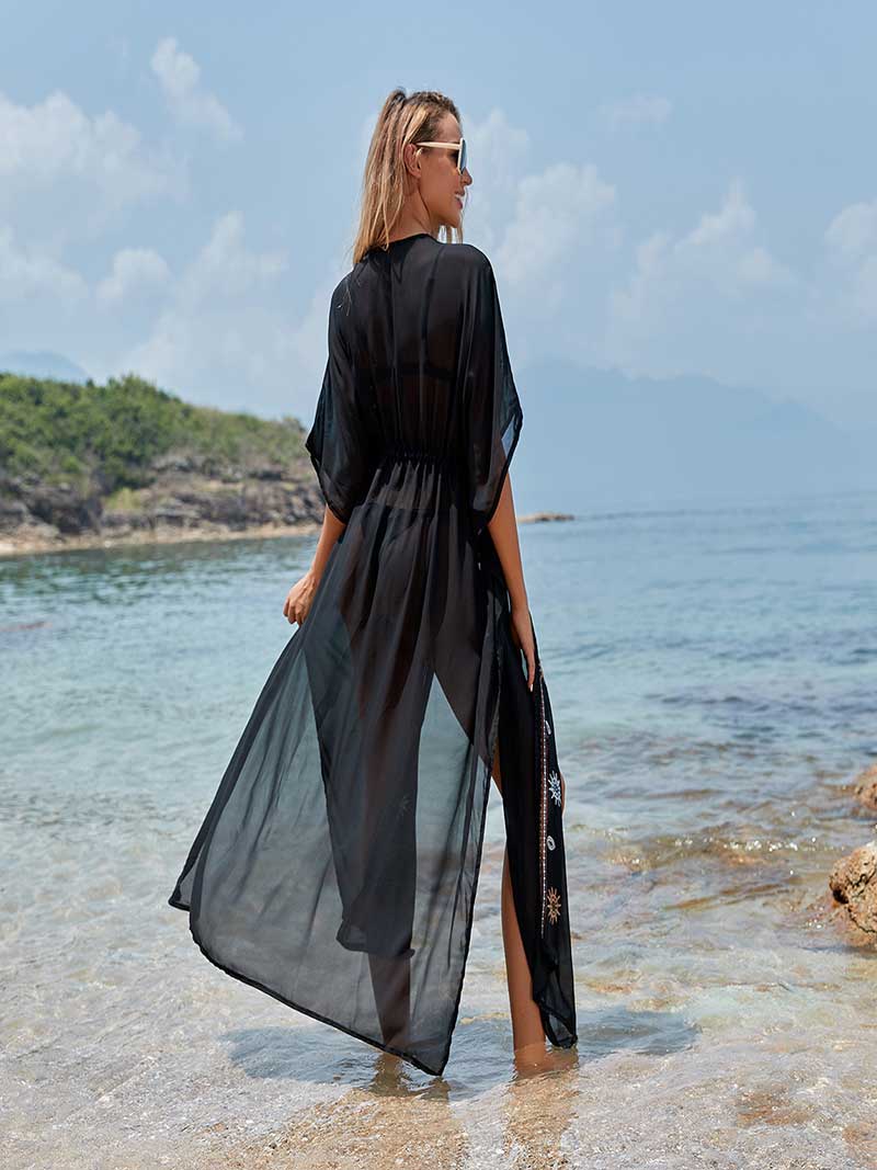 Partywear Embroidered Black Color Chiffon Long Length Gown Kimono Duster Robe - Image 5