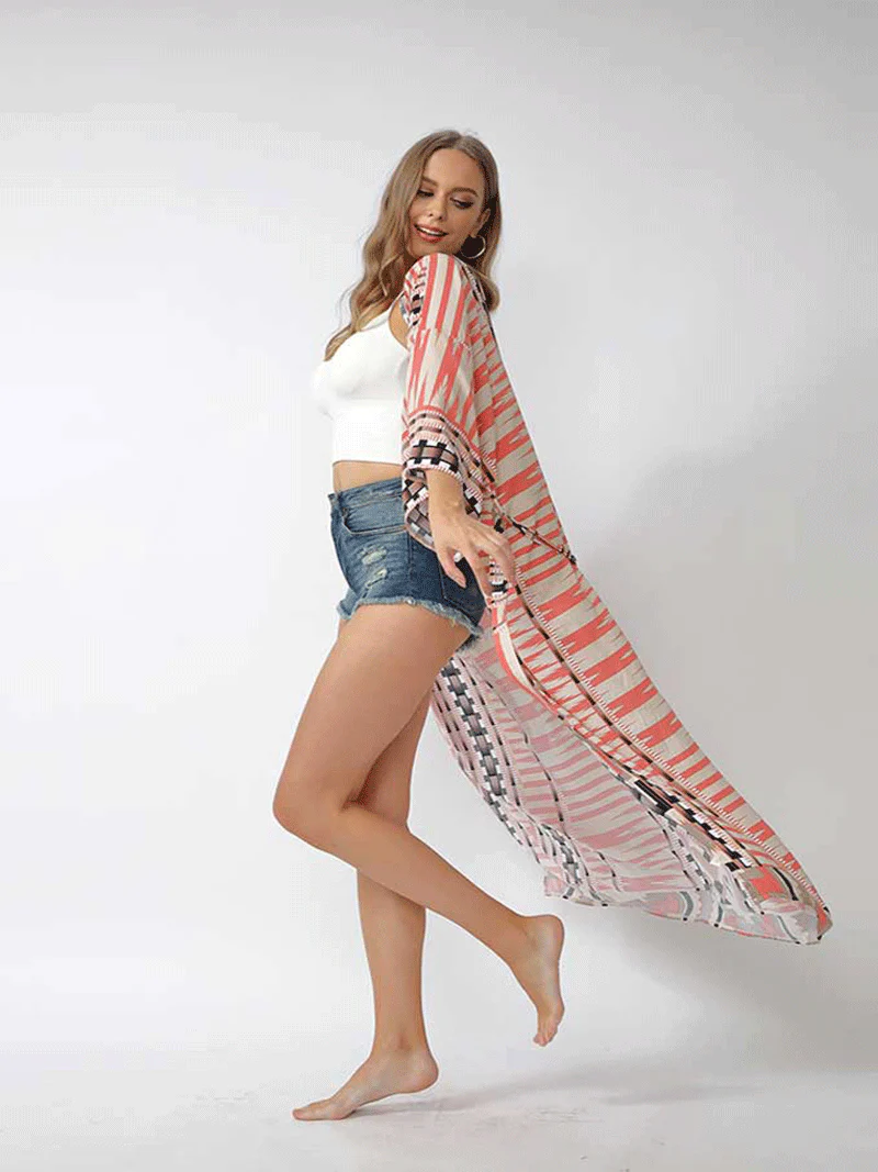 Printed Different Colors Polyester Long Length Gown Kimono Duster Robe - Image 2