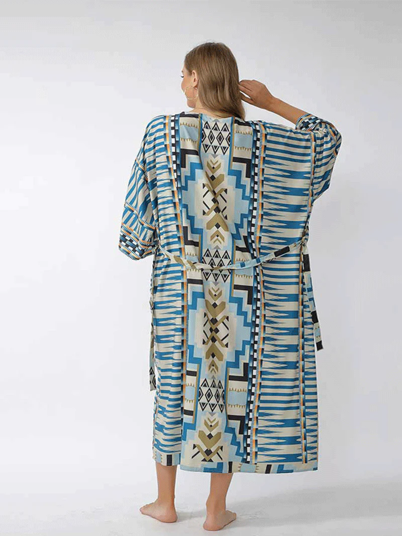 Printed Different Colors Polyester Long Length Gown Kimono Duster Robe - Image 4