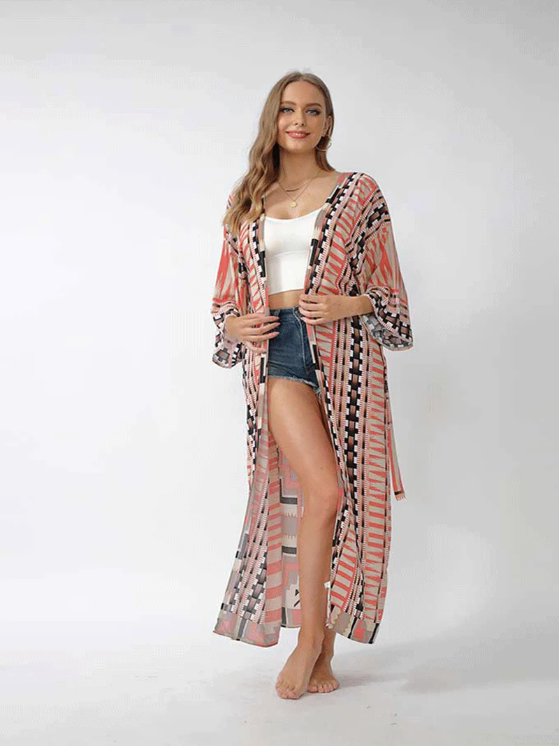 Printed Different Colors Polyester Long Length Gown Kimono Duster Robe - Image 9
