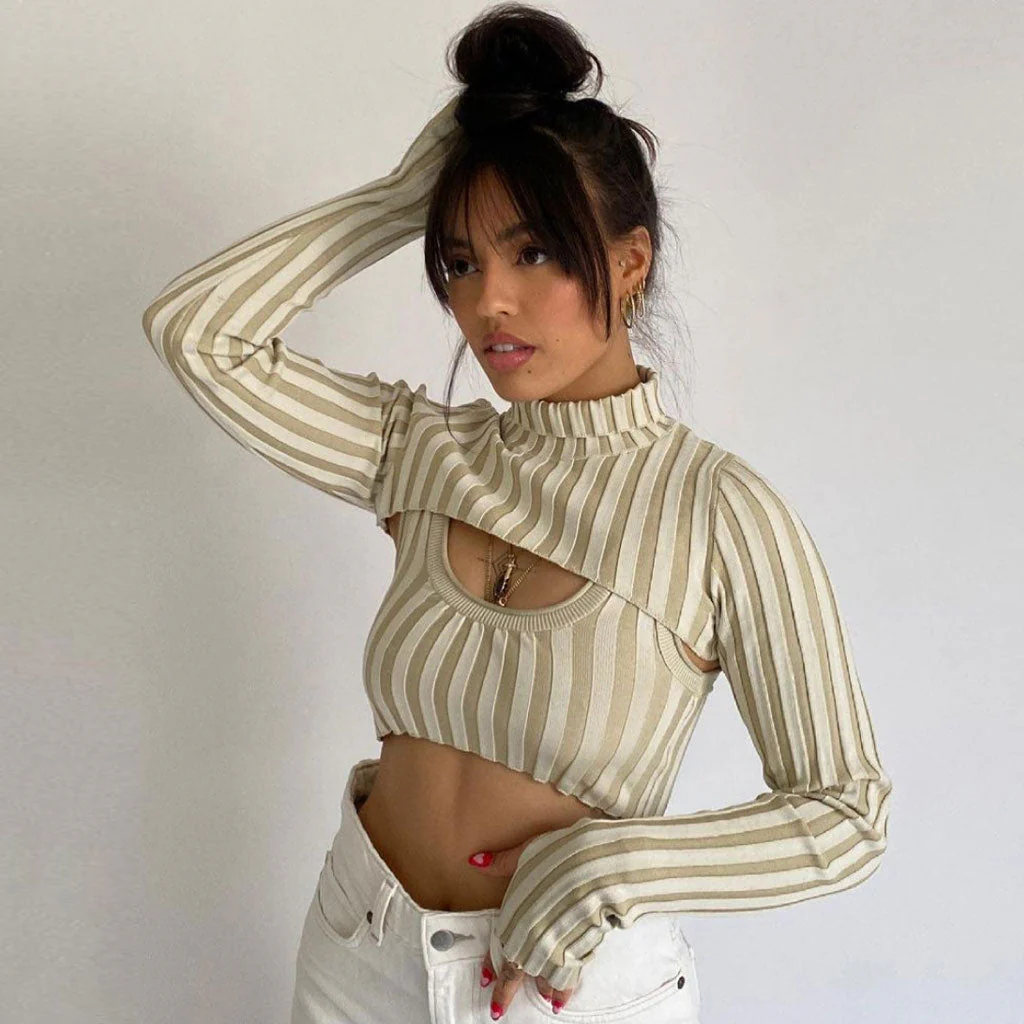 Weird Striped High Neck Long Sleeve Rib Knit Crop Sweater - Apricot - Image 2