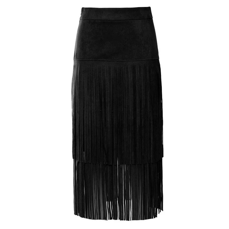 Western Style Solid Color Faux Suede Tiered Fringe Midi Skirt - Image 2