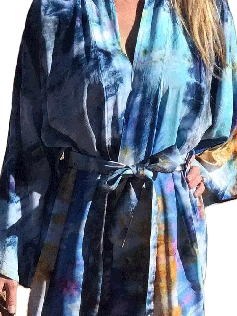 Tie-Dye Print Multicolor Polyester Long Length Gown Kimono Duster Robe - Image 3
