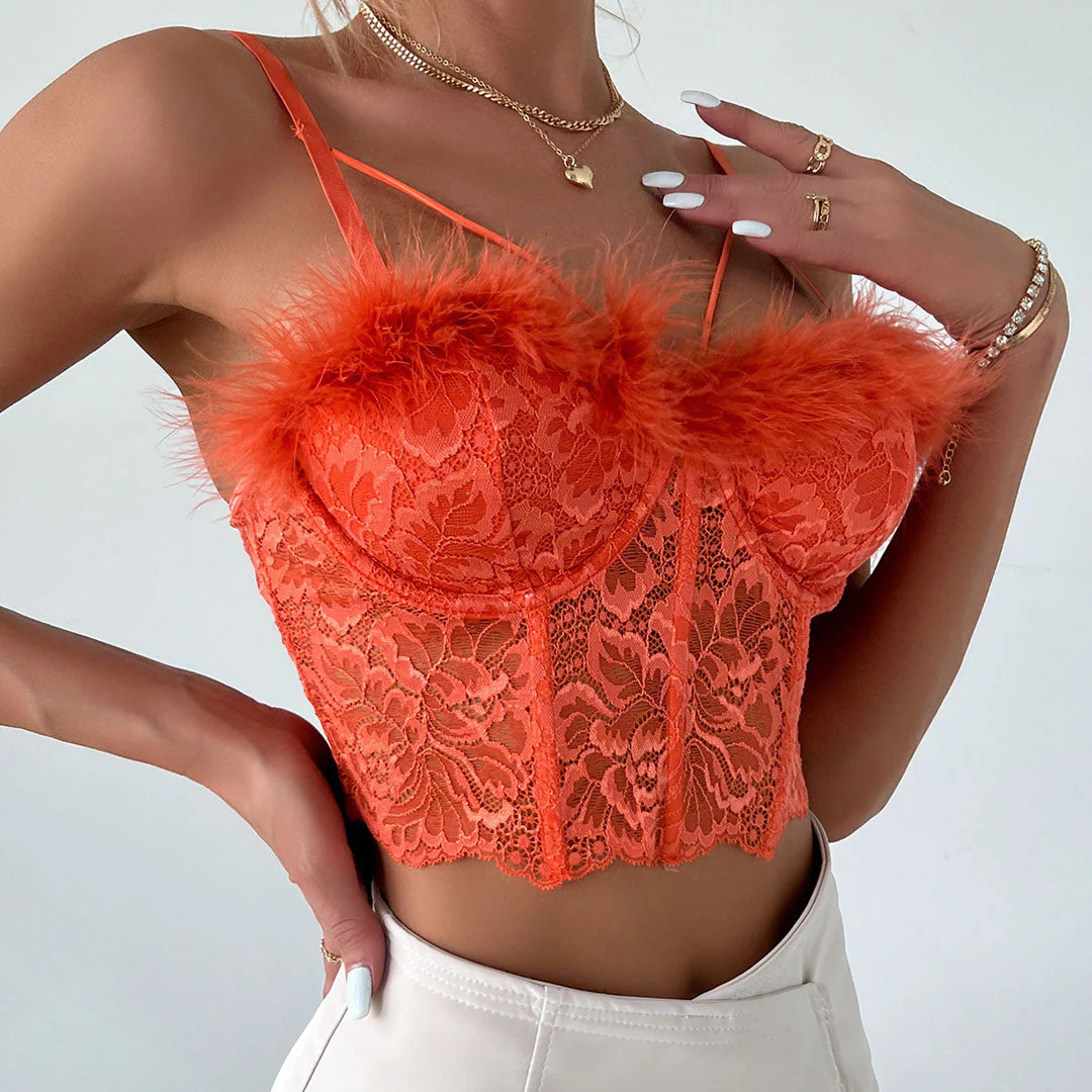Whimsical Faux Fur Sweetheart Neck Sheer Lace Crop Corset Top - Orange - Image 3