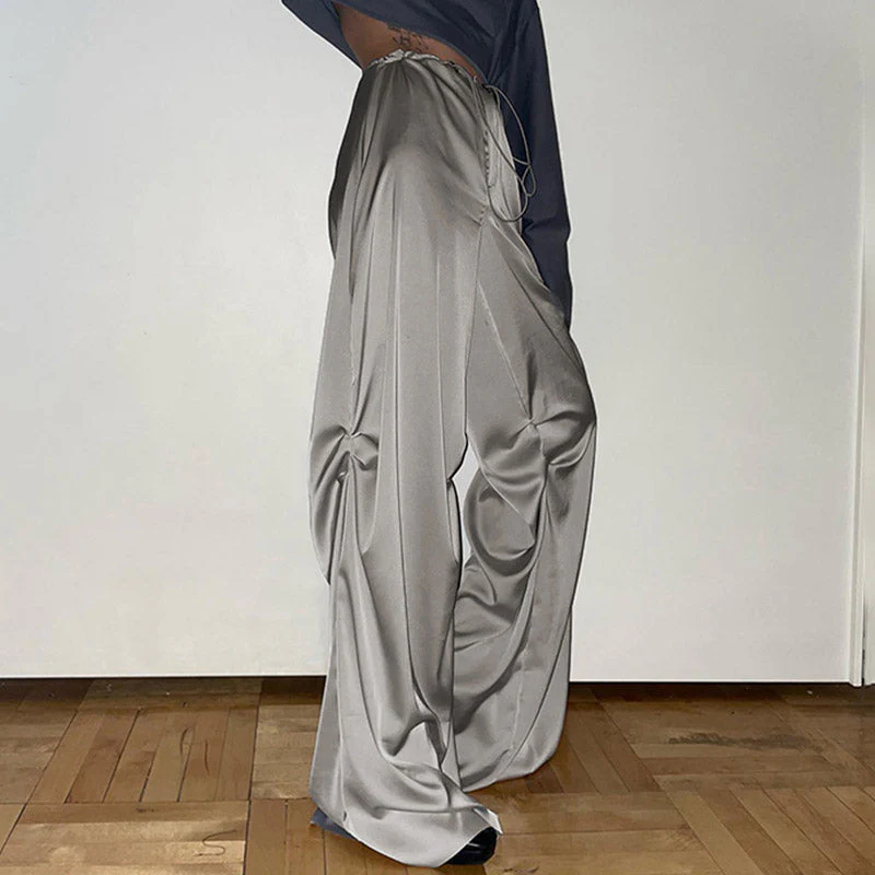 Whimsical Low Waist Drawstring Satin Wide Leg Baggy Pants - Gray